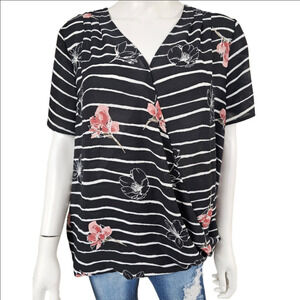 Apt. 9 Short Sleeve Striped/Floral Wrap Blouse Size XL